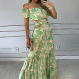 Summer holiday style print off shoulder long maxi dress