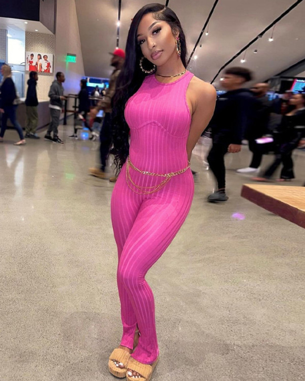 Summer Sexy Backless Strappy Solid Color Ribbed Jumpsuit