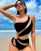 One-shoulder cut-out contrast one-piece swimsuit