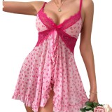 Sexy pink heart print see-through babydoll lingerie