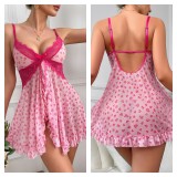 Sexy pink heart print see-through babydoll lingerie