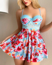 Sexy pajamas flower print babydoll lingerie set