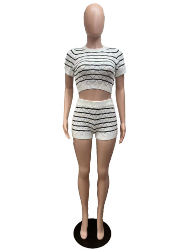 Summer casual stripes print knitting shorts set
