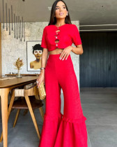 Summer solid color short-sleeved hollow out crop top wide-leg pants women's suit