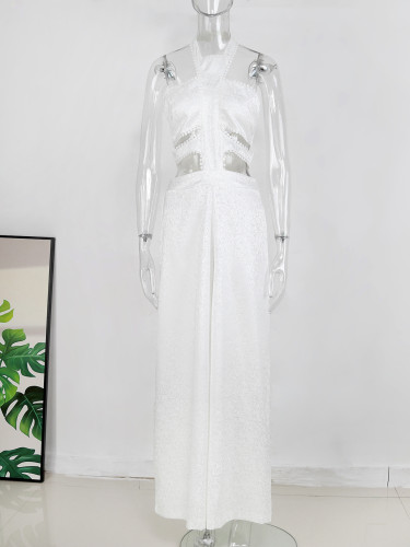 Waistless tube top halterneck women's elegant solid color hollow jumpsuit