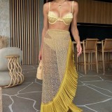 Sexy solid color fringed three-piece beach vacation bikini set