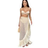 Sexy solid color fringed three-piece beach vacation bikini set