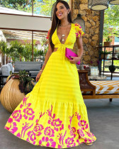 Summer ethnic style sexy V-neck short-sleeved A-line long dress for women