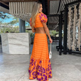 Summer ethnic style sexy V-neck short-sleeved A-line long dress for women