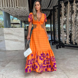 Summer ethnic style sexy V-neck short-sleeved A-line long dress for women