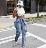 Spring Casual Multi-Pocket Cargo Pants Mid Rise Washed Straight Leg Jeans