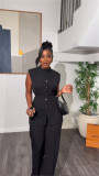 Summer stand-up collar buttoned sleeveless waist tie top wide leg trousers suit