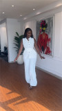 Summer stand-up collar buttoned sleeveless waist tie top wide leg trousers suit