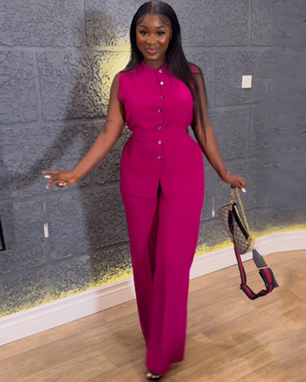 Summer stand-up collar buttoned sleeveless waist tie top wide leg trousers suit