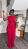 Summer stand-up collar buttoned sleeveless waist tie top wide leg trousers suit