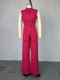 Summer stand-up collar buttoned sleeveless waist tie top wide leg trousers suit