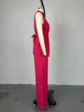 Summer stand-up collar buttoned sleeveless waist tie top wide leg trousers suit