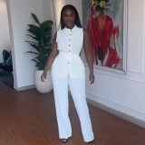 Summer stand-up collar buttoned sleeveless waist tie top wide leg trousers suit