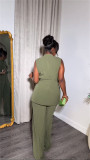 Summer stand-up collar buttoned sleeveless waist tie top wide leg trousers suit