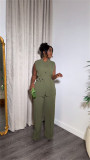Summer stand-up collar buttoned sleeveless waist tie top wide leg trousers suit
