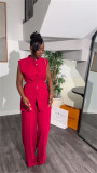 Summer stand-up collar buttoned sleeveless waist tie top wide leg trousers suit