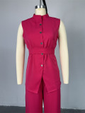 Summer stand-up collar buttoned sleeveless waist tie top wide leg trousers suit