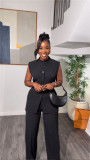 Summer stand-up collar buttoned sleeveless waist tie top wide leg trousers suit