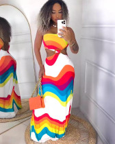 Sexy printed patchwork backless hollow stretch halterneck maxi dress