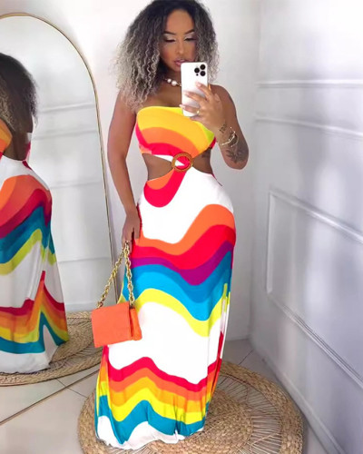 Sexy printed patchwork backless hollow stretch halterneck maxi dress