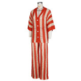 Summer Women's V-neck knitting striped top trousers suit