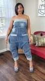Summer sexy multi-pocket washed denim strapless cargo jumpsuit