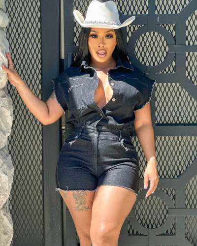 Summer exy short-sleeved stretch denim rompers jumpsuit