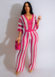 Summer Women's V-neck knitting striped top trousers suit