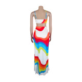 Sexy printed patchwork backless hollow stretch halterneck maxi dress