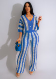 Summer Women's V-neck knitting striped top trousers suit