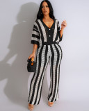 Summer Women's V-neck knitting striped top trousers suit