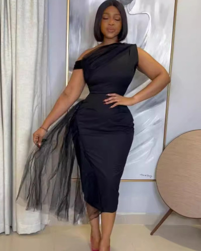 Summer elegant black one shoulder bodycon dress