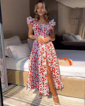 Fashionable French Square Neck Floral Print Waist Slimming Seaside Vacation Puff Sleeve Long Dress
