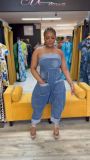 Summer sexy multi-pocket washed denim strapless cargo jumpsuit