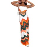 Sexy printed patchwork backless hollow stretch halterneck maxi dress