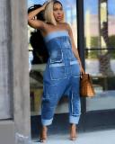 Summer sexy multi-pocket washed denim strapless cargo jumpsuit