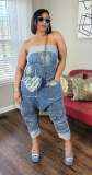 Summer sexy multi-pocket washed denim strapless cargo jumpsuit