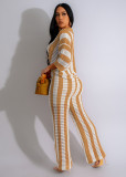 Summer Women's V-neck knitting striped top trousers suit