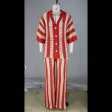 Summer Women's V-neck knitting striped top trousers suit