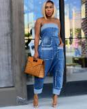 Summer sexy multi-pocket washed denim strapless cargo jumpsuit