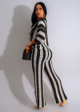 Summer Women's V-neck knitting striped top trousers suit