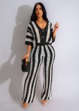 Summer Women's V-neck knitting striped top trousers suit