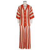 Summer Women's V-neck knitting striped top trousers suit