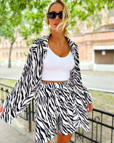 Leopard Print Blouse Loose Shorts Summer Women's Two-piece Set