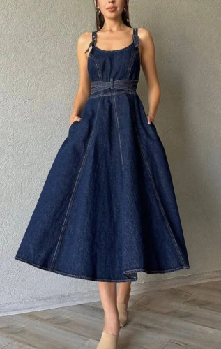 Elegant solid color high waist strap denim midi dress